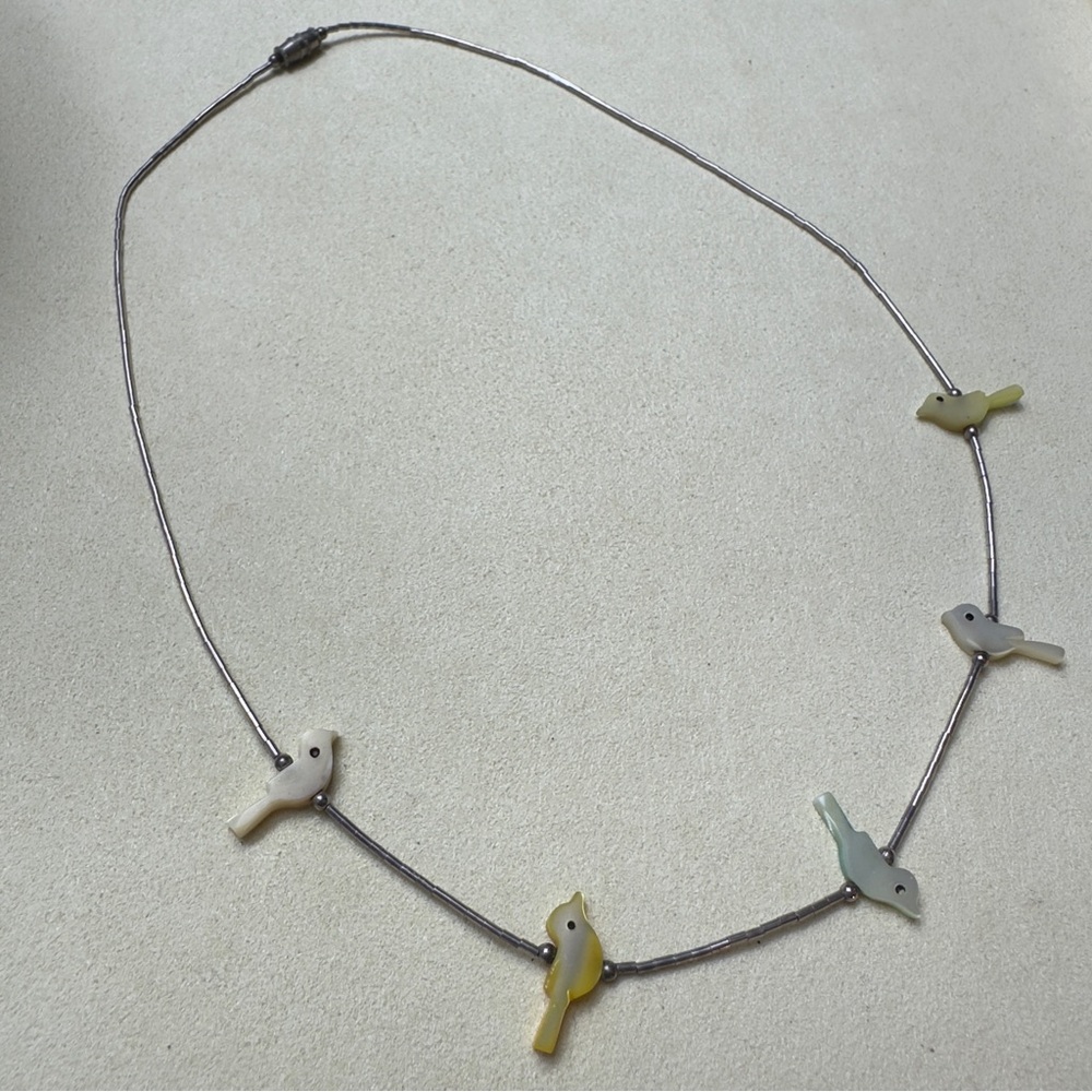 Vintage Liquid Silver and Mother of Pearl Bird Fetish Necklace Native American